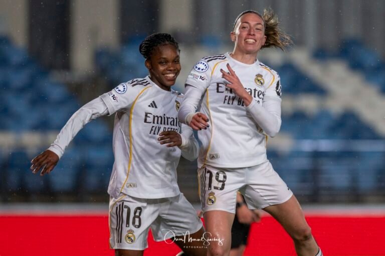 LINDA CAICEDO of Real Madrid Femenino CF celebrating with his teammate EVA MARIA NAVARRO of Real Madrid Femenino CF
