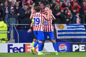JULIAN ALVAREZ of Atletico de Madrid and ANTOINE GRIEZMANN of Atletico de Madrid celebrates a goal