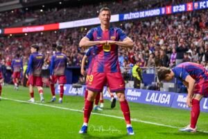 ROBERT LEWANDOWSKI of FC Barcelona celebrates a goal